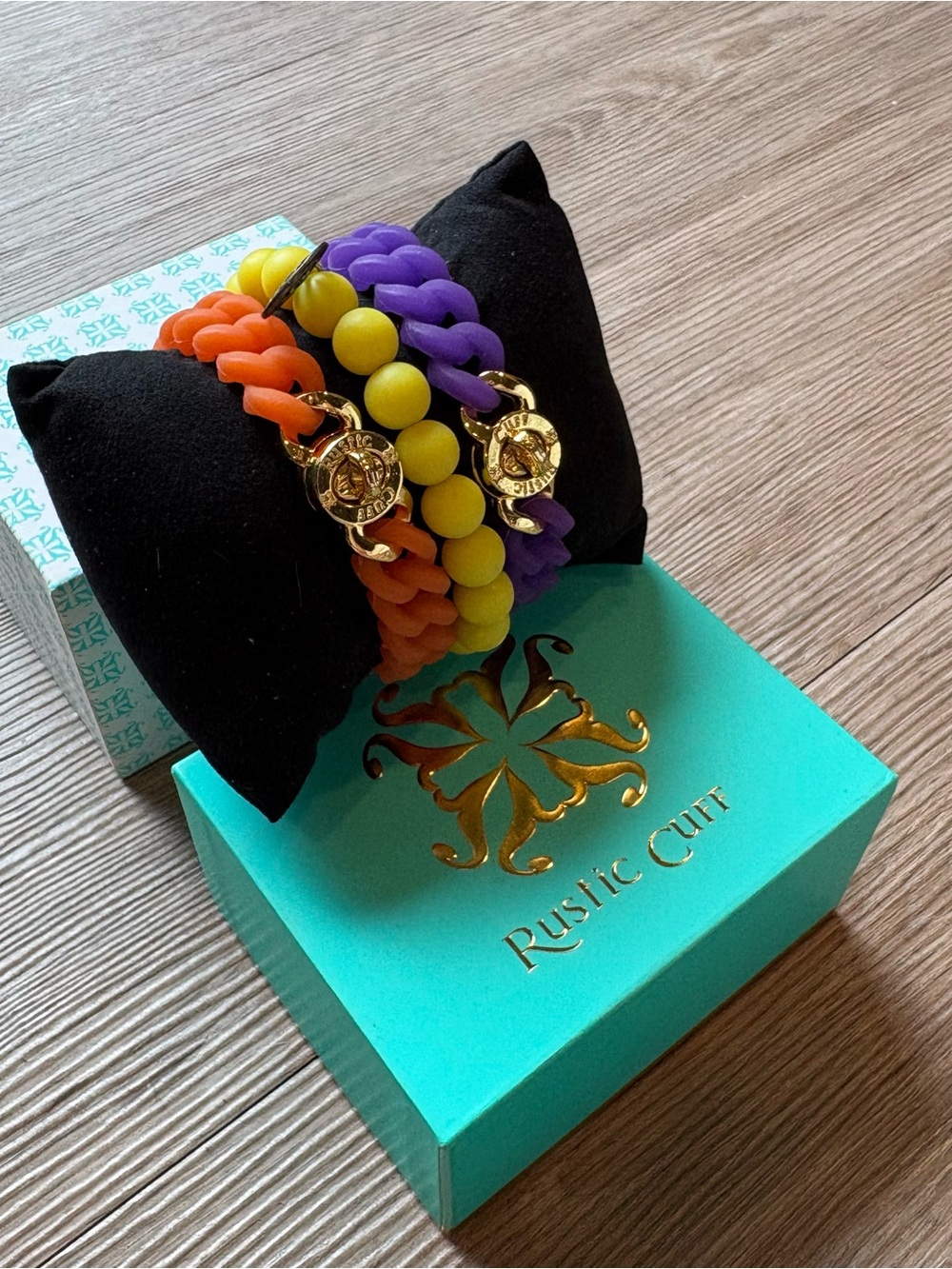 Rustic Cuff 3pc Silicone Bracelet Stack Orange Yellow Purple & Gift Box - Picture 2 of 7